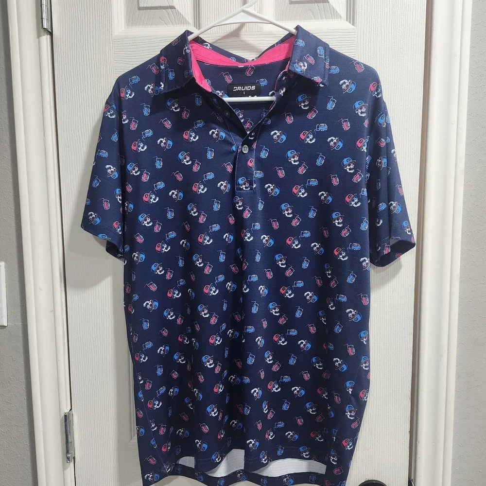 Druids Golf Polo‎ Shirt Men's S Navy Skull Print Performance Moisture Wicking